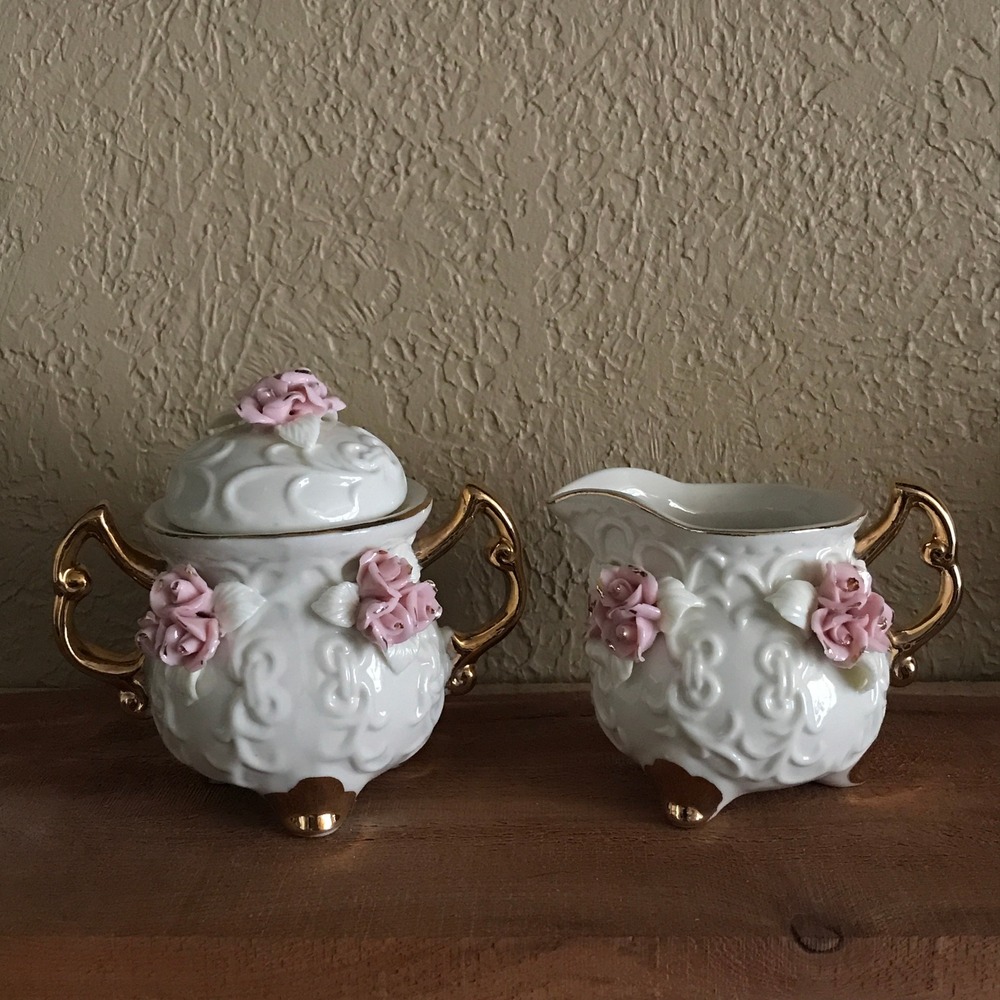 Vintage Cracker Barrel Rose Creamer & Sugar Set Porcelain Giftware - Picture 1 of 11
